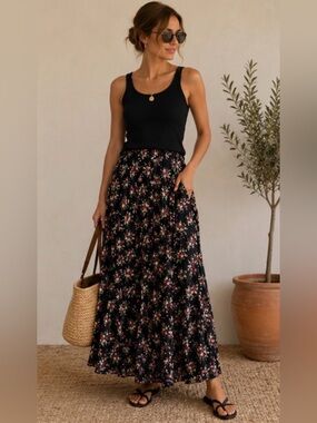 Vinatge Passport Black Floral Maxi Skirt with Pink and Cream Flowers